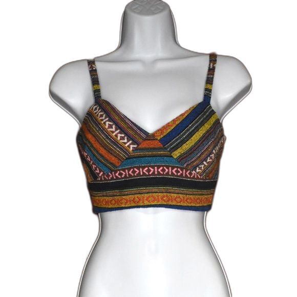 Forever 21 Patchwork Crop Top Size Small Multicolor Adjustable Straps Boho - Picture 1 of 15
